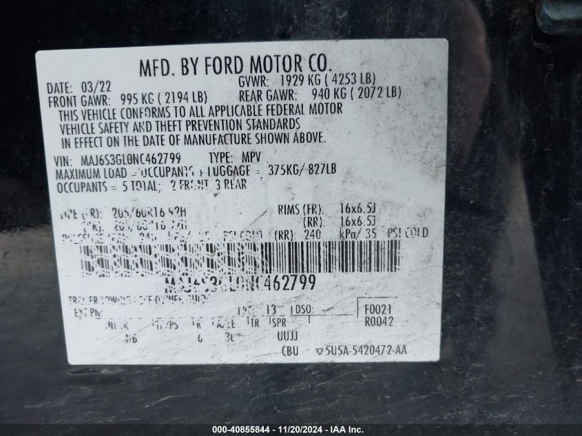 2022 Ford Ecosport Se VIN: MAJ6S3GL0NC462799 Lot: 40855844