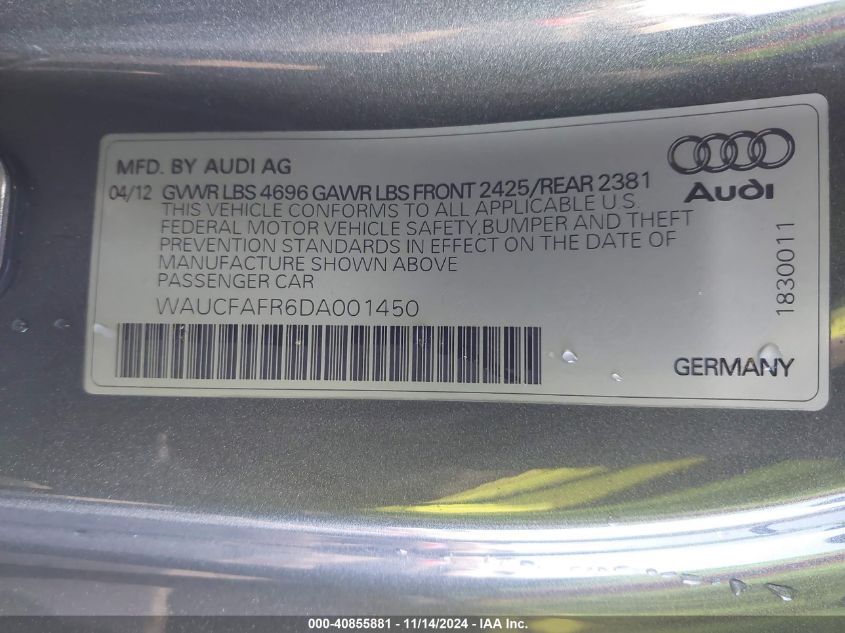 2013 Audi A5 2.0T Premium VIN: WAUCFAFR6DA001450 Lot: 40855881