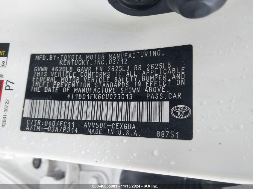 2012 TOYOTA CAMRY HYBRID VIN: 4T1BD1FK6CU023013