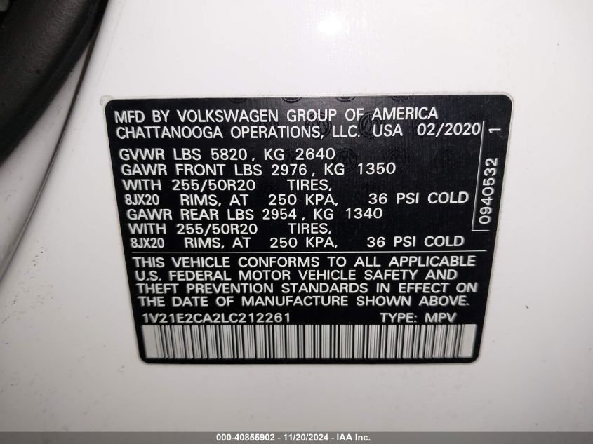 2020 Volkswagen Atlas Cross Sport 3.6L V6 Se W/Technology/3.6L V6 Se W/Technology R-Line VIN: 1V21E2CA2LC212261 Lot: 40855902