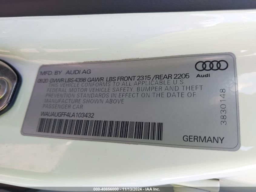 2020 Audi A3 Premium 40 Tfsi Front-Wheel Drive S Tronic VIN: WAUAUGFF4LA103432 Lot: 40856000