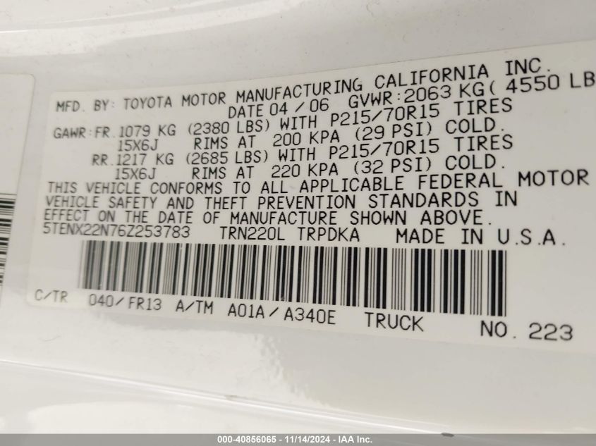 2006 Toyota Tacoma VIN: 0TENX22N76Z253783 Lot: 40856065