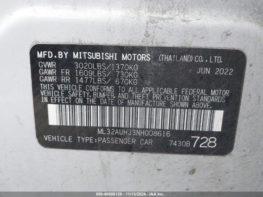 2022 Mitsubishi Mirage Es VIN: ML32AUHJ3NH008616 Lot: 40856128