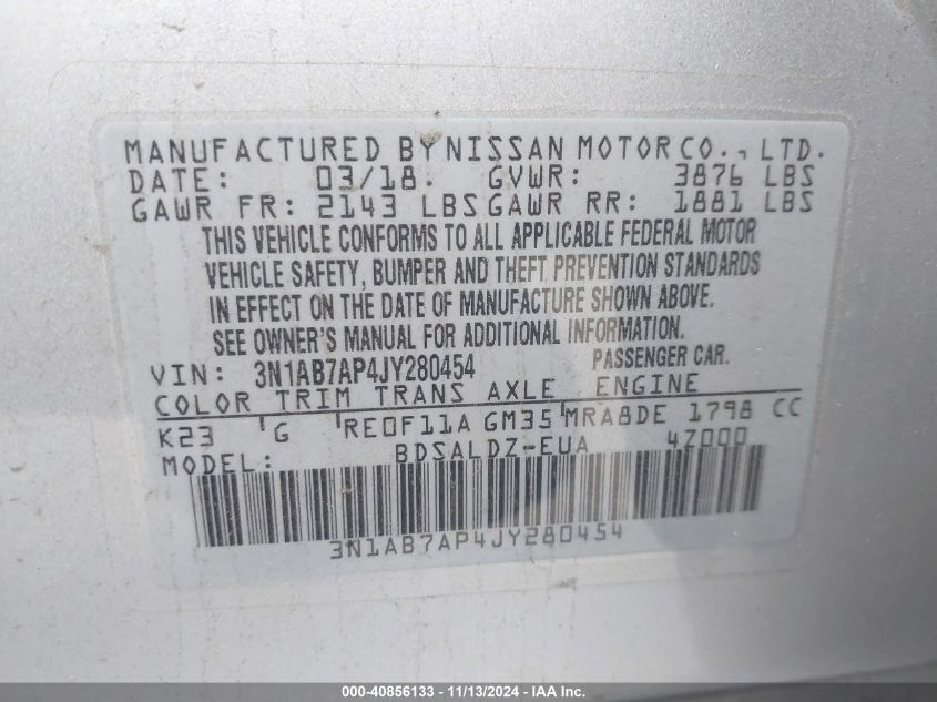 VIN 3N1AB7AP4JY280454 2018 NISSAN SENTRA SV