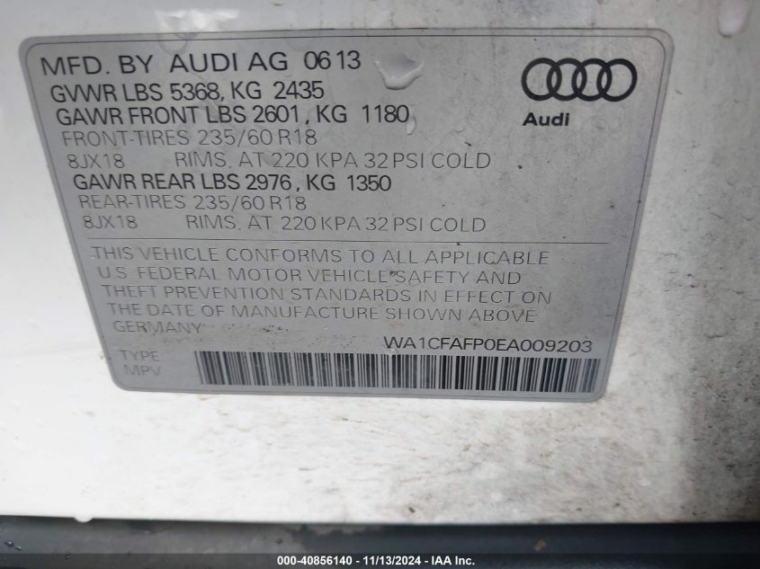 2014 Audi Q5 2.0T Premium VIN: WA1CFAFP0EA009203 Lot: 40856140