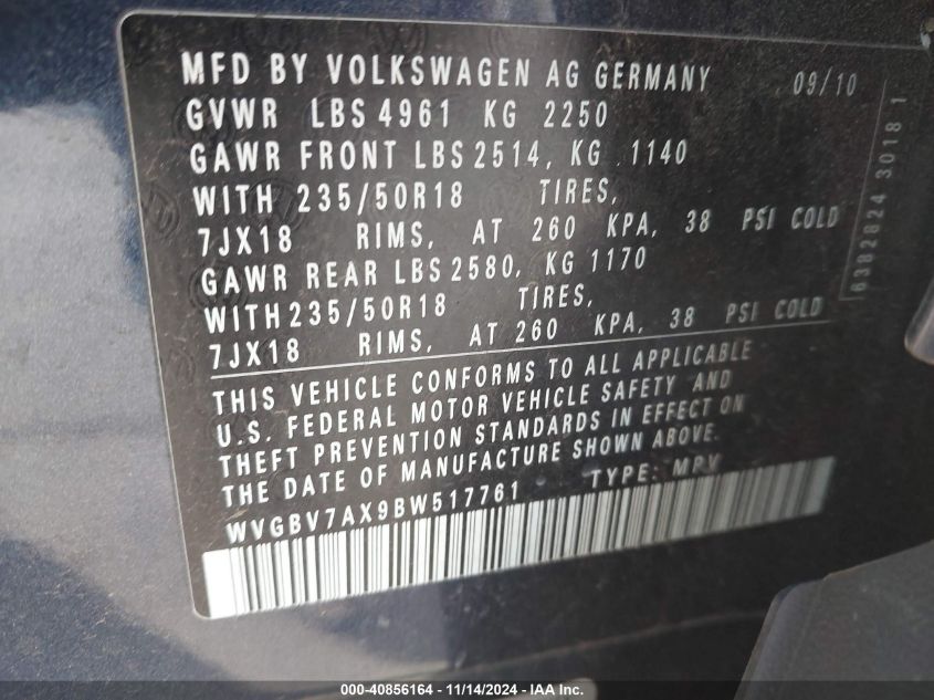 2011 Volkswagen Tiguan Se VIN: WVGBV7AX9BW517761 Lot: 40856164