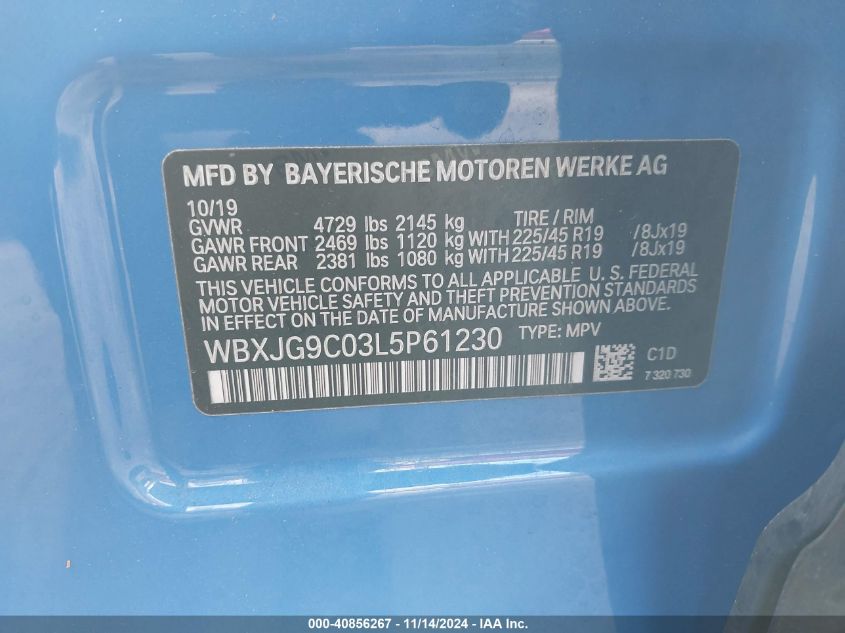 2020 BMW X1 xDrive28I VIN: WBXJG9C03L5P61230 Lot: 40856267