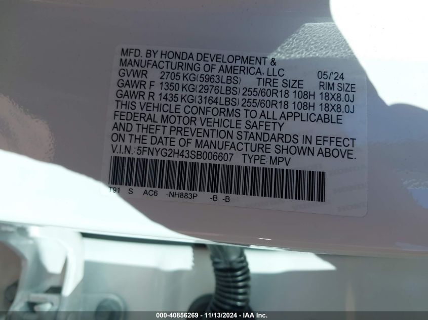 2025 Honda Pilot Ex-L VIN: 5FNYG2H43SB006607 Lot: 40856269