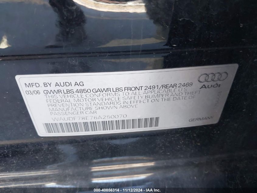 2006 Audi A4 2.0T VIN: WAUDF78E76A250070 Lot: 40856314