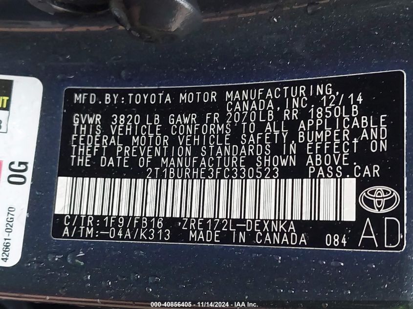 2015 Toyota Corolla Le VIN: 2T1BURHE3FC330523 Lot: 40856405