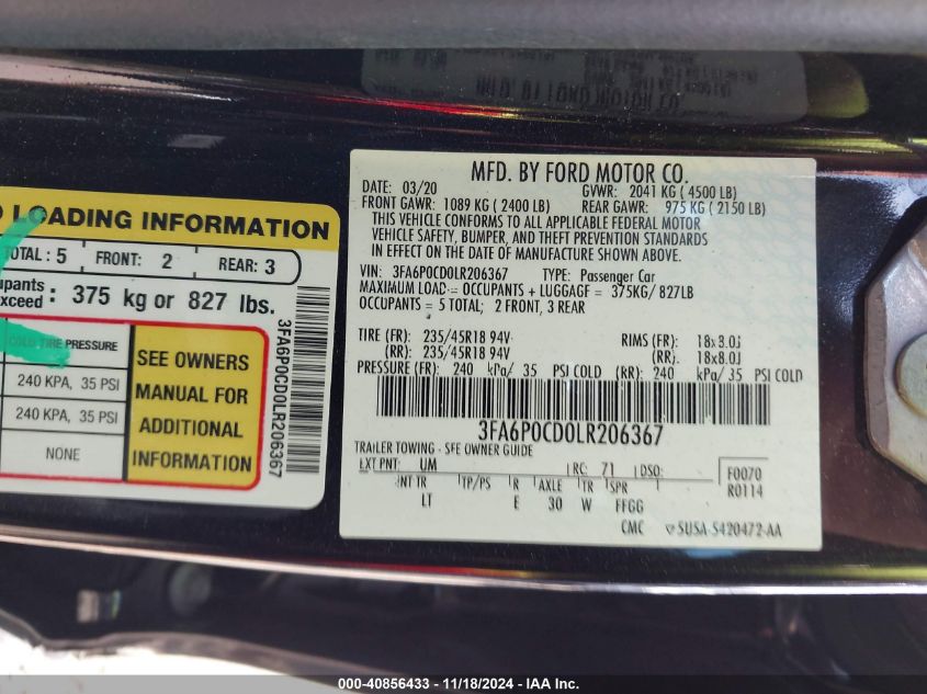 2020 Ford Fusion Sel VIN: 3FA6P0CD0LR206367 Lot: 40856433