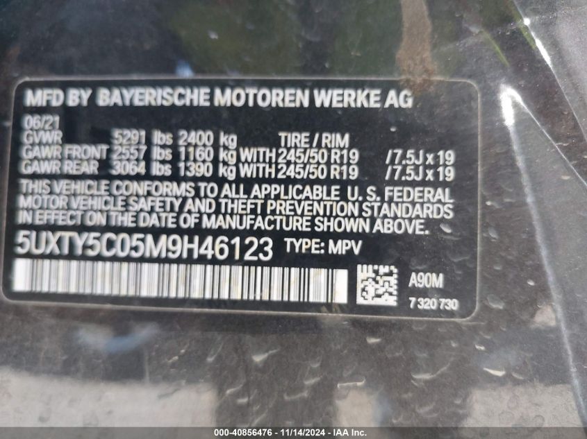 2021 BMW X3 xDrive30I VIN: 5UXTY5C05M9846123 Lot: 40856476