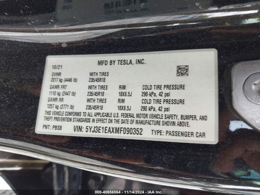 2021 Tesla Model 3 Standard Range Plus Rear-Wheel Drive VIN: 5YJ3E1EAXMF090352 Lot: 40856564