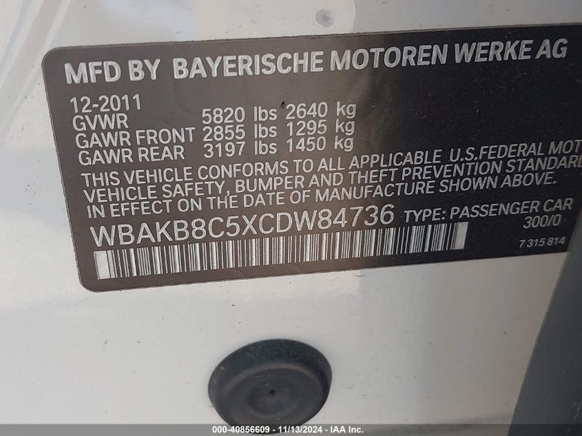 2012 BMW 750Li VIN: WBAKB8C5XCDW84736 Lot: 40856609