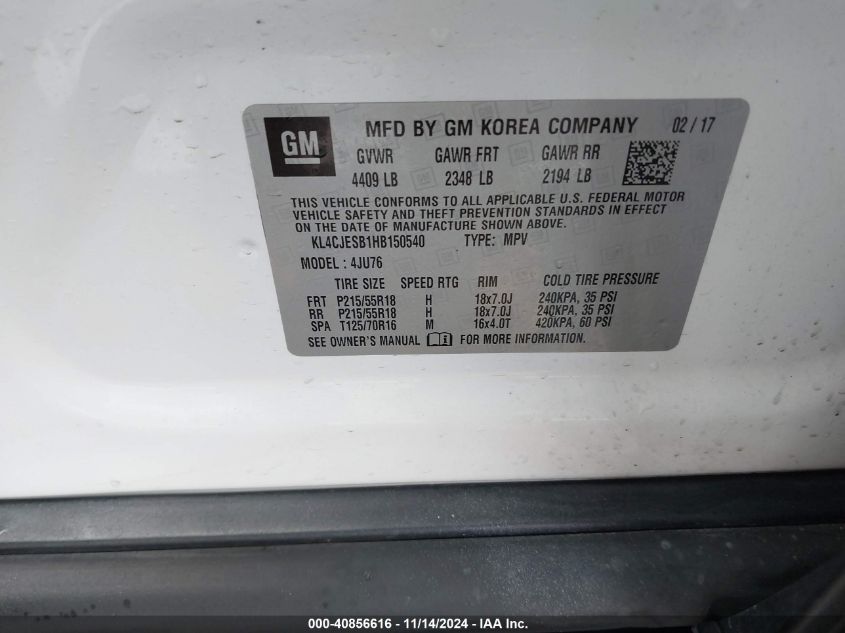 2017 BUICK ENCORE VIN: KL4CJESB1HB150540