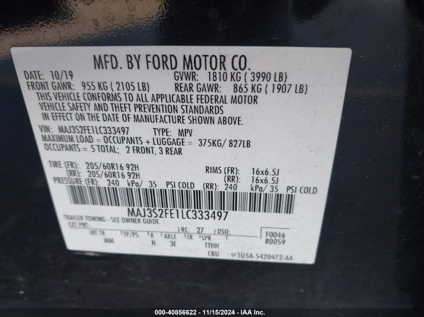 2020 Ford Ecosport S VIN: MAJ3S2FE1LC333497 Lot: 40856622