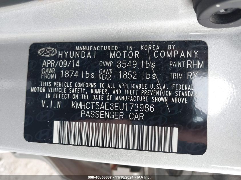 2014 Hyundai Accent Gs VIN: KMHCT5AE3EU173986 Lot: 40856637