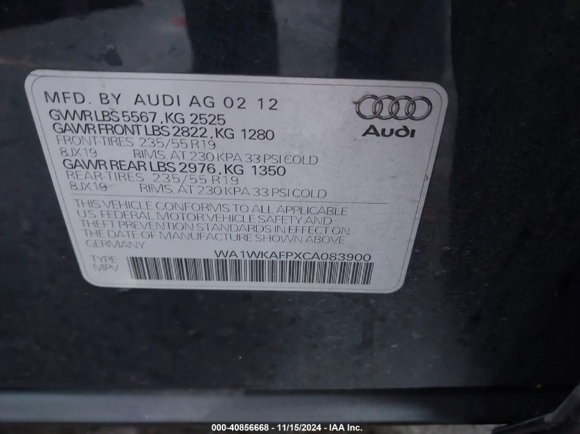 2012 Audi Q5 3.2 Premium VIN: WA1WKAFPXCA083900 Lot: 40856668