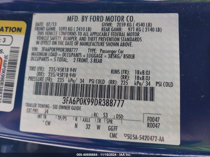 2013 FORD FUSION TITANIUM - 3FA6P0K99DR388777