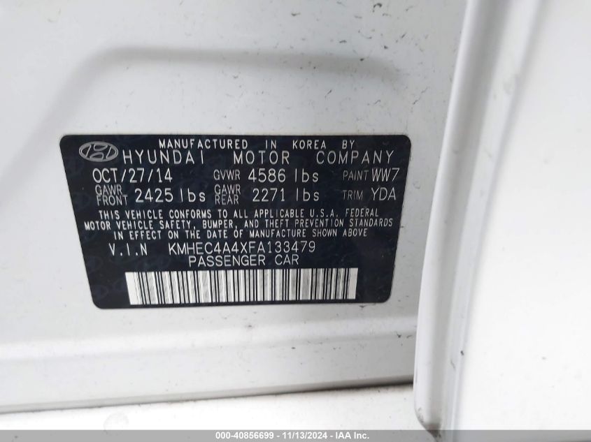 2015 Hyundai Sonata Hybrid VIN: KMHEC4A4XFA133479 Lot: 40856699