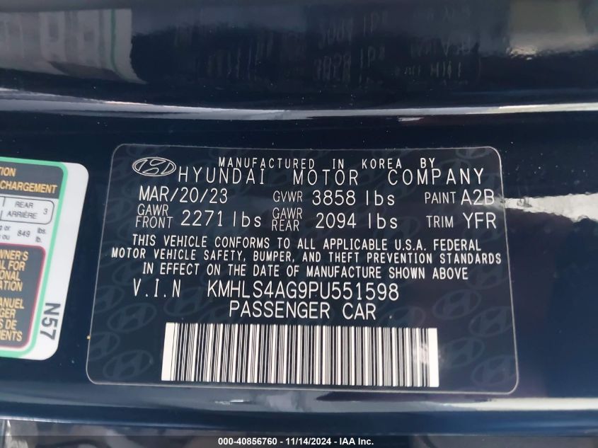 2023 Hyundai Elantra Sel VIN: KMHLS4AG9PU551598 Lot: 40856760