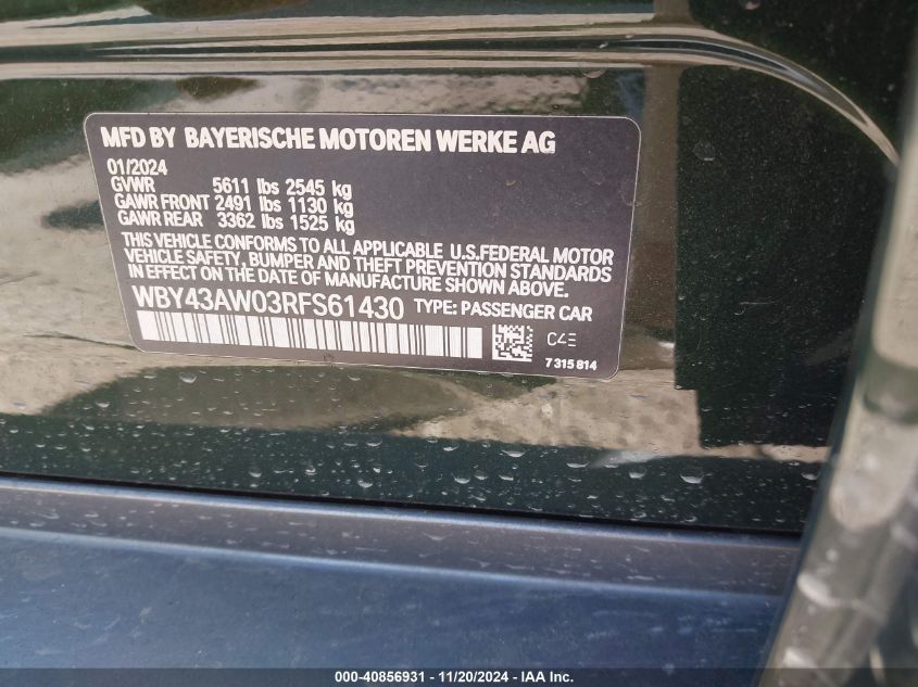 2024 BMW I4 Edrive35 VIN: WBY43AW03RFS61430 Lot: 40856931