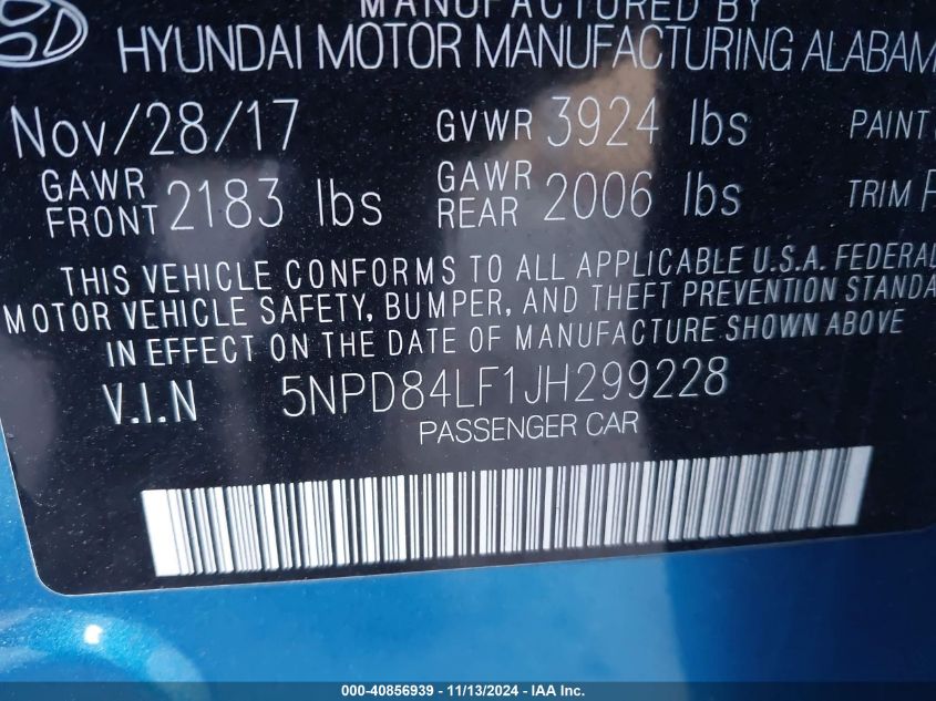 VIN 5NPD84LF1JH299228 2018 Hyundai Elantra, Sel no.9