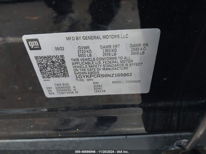 VIN 1GYKPCRS0NZ169863 2022 Cadillac XT6, Premium Lu... no.9