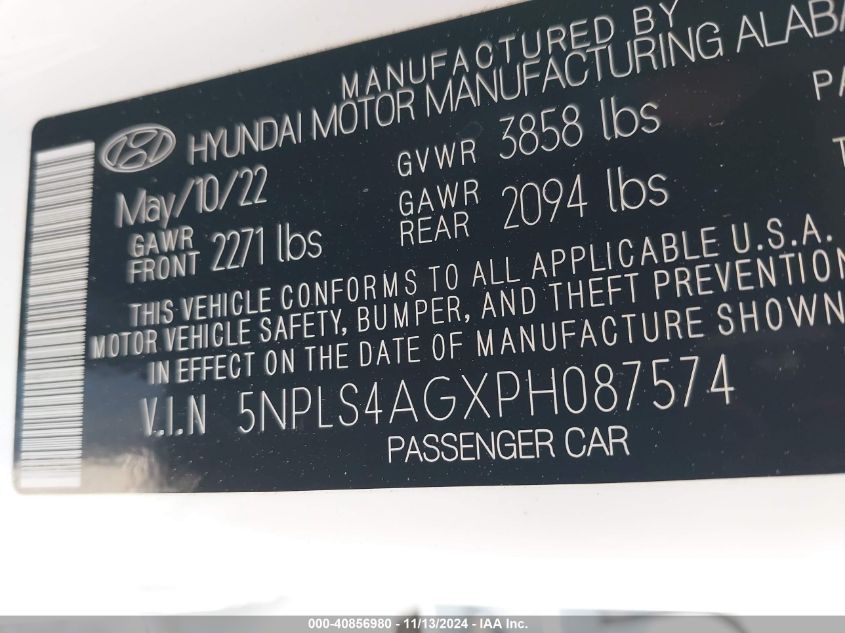 2023 Hyundai Elantra Sel VIN: 5NPLS4AGXPH087574 Lot: 40856980