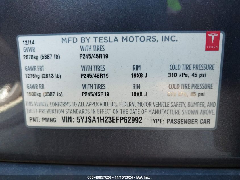 2014 Tesla Model S P85D VIN: 5YJSA1H23EFP62992 Lot: 40857026