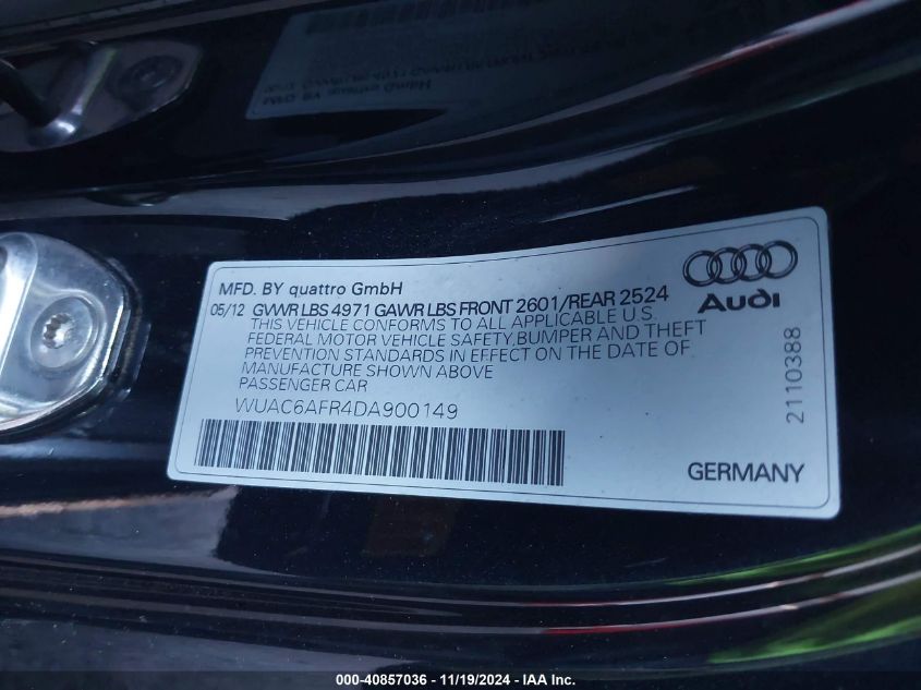 2013 Audi Rs 5 4.2 VIN: WUAC6AFR4DA900149 Lot: 40857036