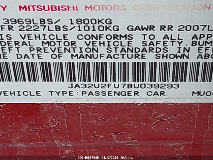 2011 Mitsubishi Lancer Es VIN: JA32U2FU7BU039293 Lot: 40857049