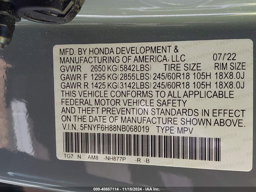 2022 Honda Pilot Awd Trailsport VIN: 5FNYF6H88NB068019 Lot: 40857114