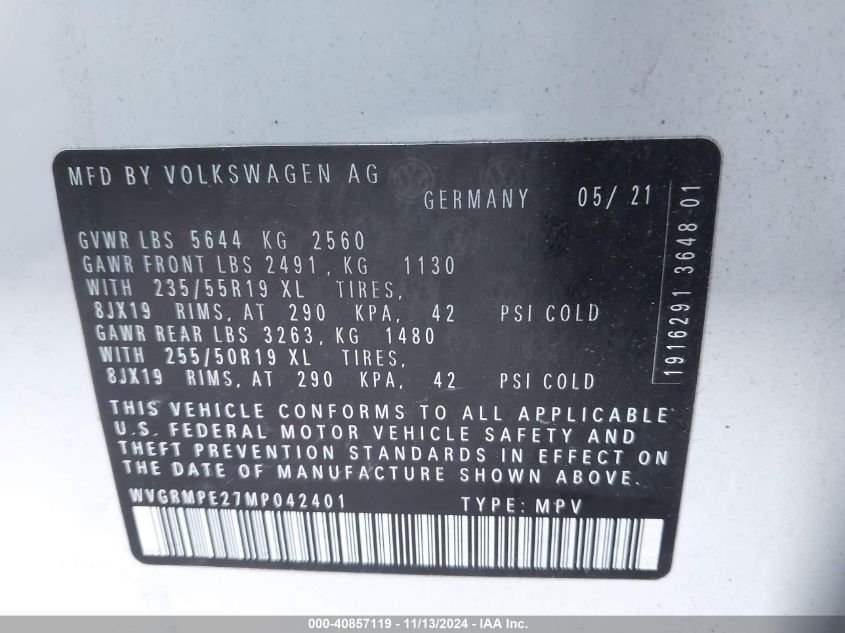 2021 Volkswagen Id.4 Pro VIN: WVGRMPE27MP042401 Lot: 40857119