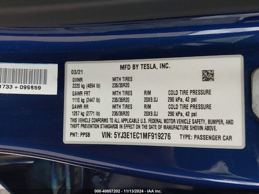 2021 Tesla Model 3 Performance Dual Motor All-Wheel Drive VIN: 5YJ3E1EC1MF919276 Lot: 40857202