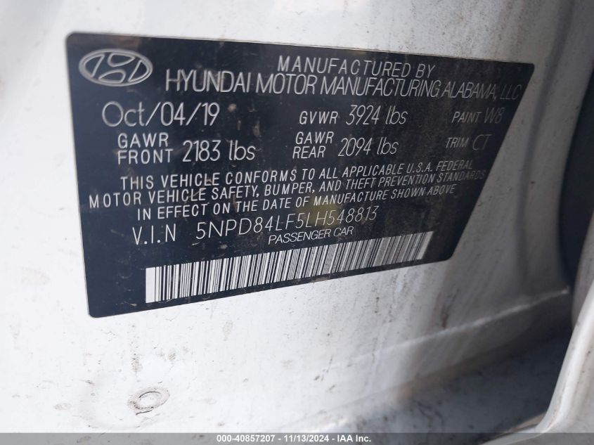 2020 Hyundai Elantra Sel VIN: 5NPD84LF5LH548813 Lot: 40857207