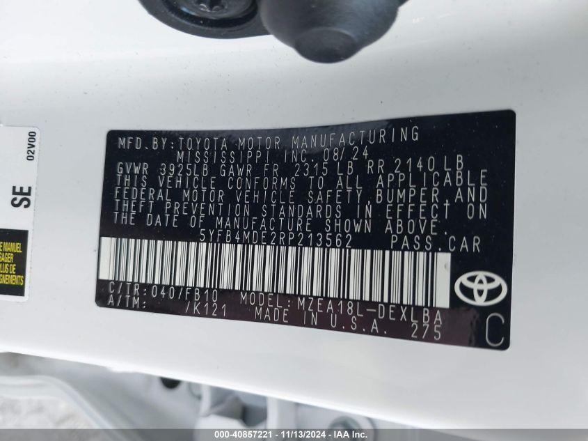 2024 Toyota Corolla Le VIN: 5YFB4MDE2RP213562 Lot: 40857221