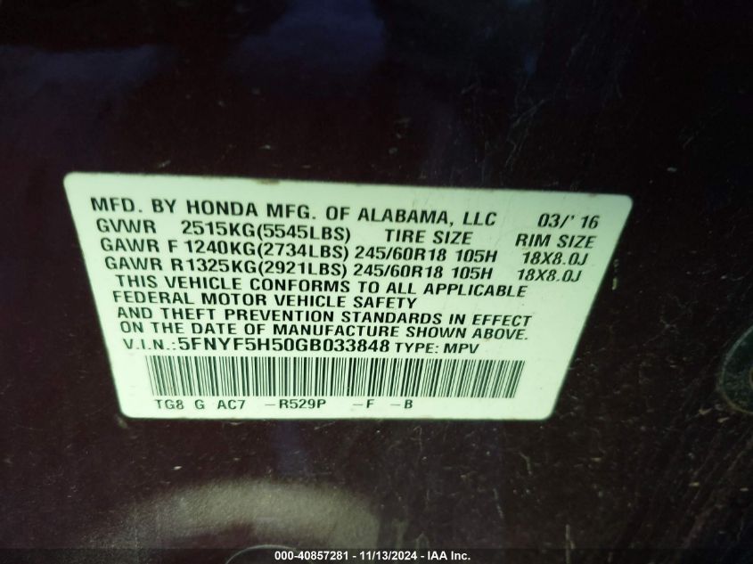 VIN 5FNYF5H50GB033848 2016 Honda Pilot, Ex-L no.9