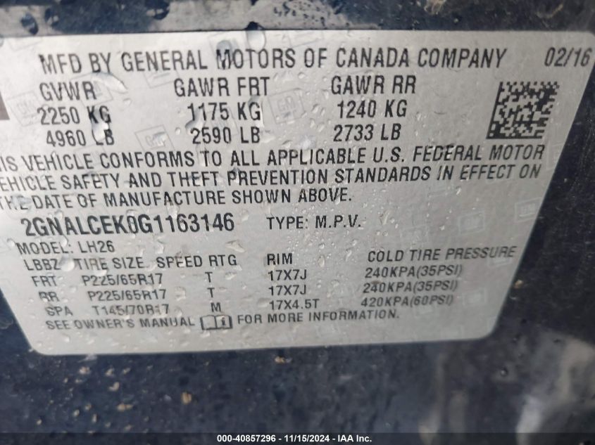 VIN 2GNALCEK0G1163146 2016 Chevrolet Equinox, LT no.9