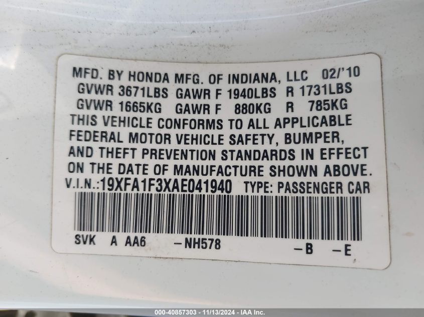 2010 Honda Civic Vp VIN: 19XFA1F3XAE041940 Lot: 40857303