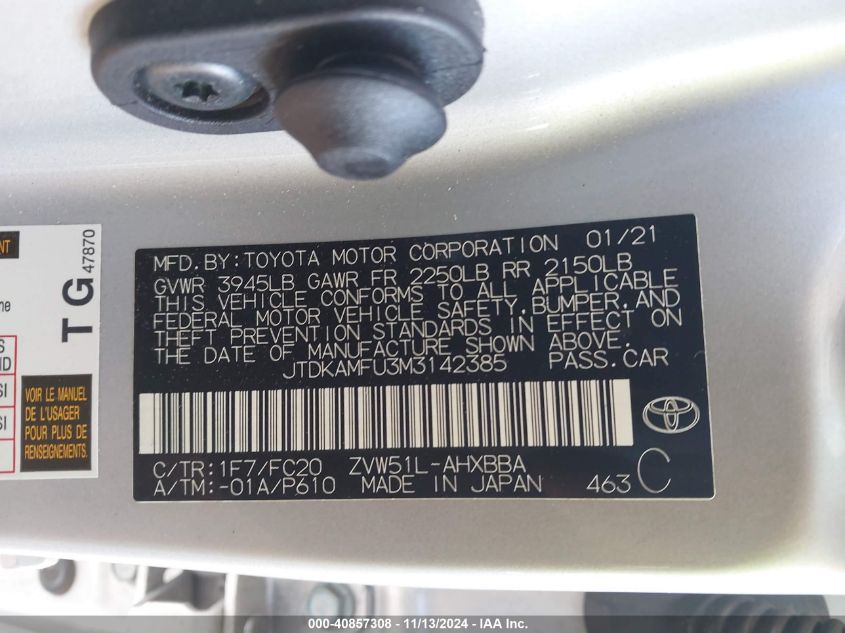 2021 Toyota Prius L Eco VIN: JTDKAMFU3M3142385 Lot: 40857308