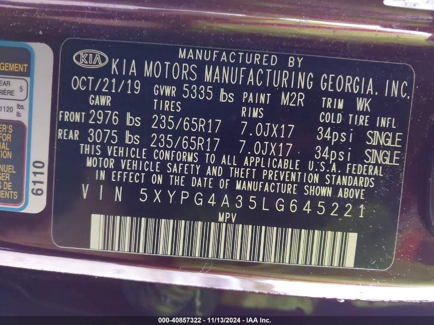 2020 Kia Sorento 2.4L Lx VIN: 5XYPG4A35LG645221 Lot: 40857322