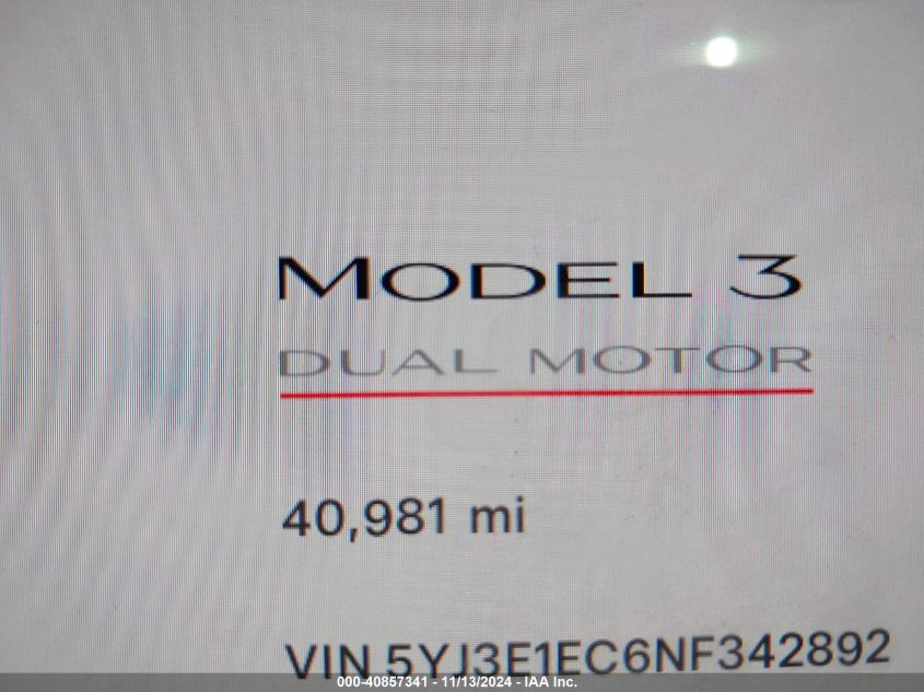 2022 Tesla Model 3 Performance Dual Motor All-Wheel Drive VIN: 5YJ3E1EC6NF342892 Lot: 40857341