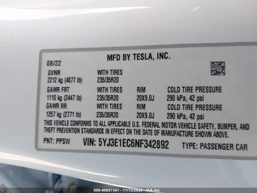 2022 Tesla Model 3 Performance Dual Motor All-Wheel Drive VIN: 5YJ3E1EC6NF342892 Lot: 40857341