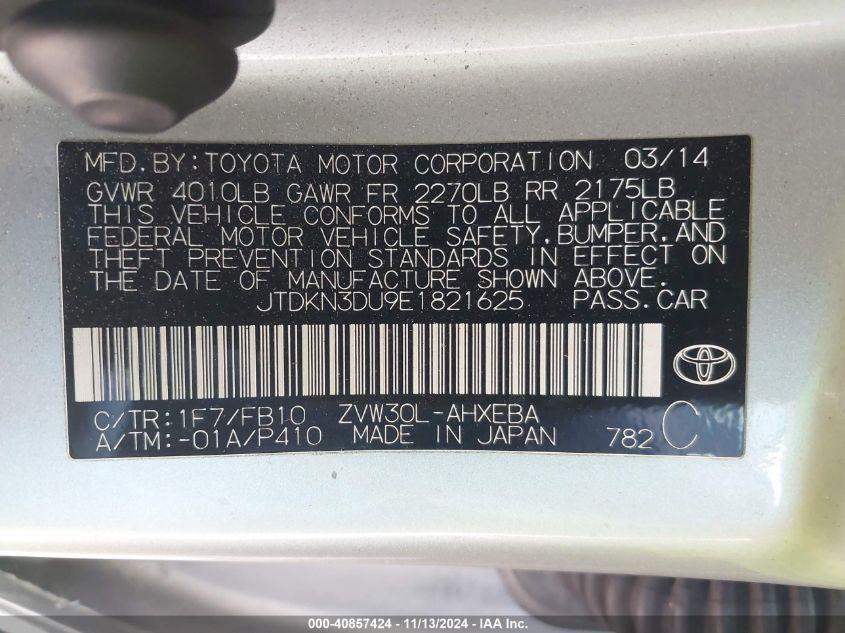 2014 Toyota Prius Two VIN: JTDKN3DU9E1821625 Lot: 40857424