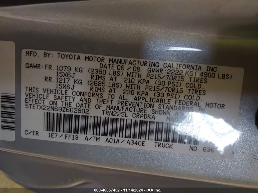 2009 Toyota Tacoma VIN: 5TETX22N69Z602802 Lot: 40857452