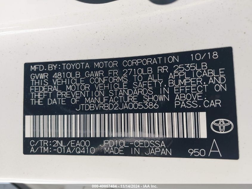 2018 Toyota Mirai VIN: JTDBVRBD2JA005386 Lot: 40857484