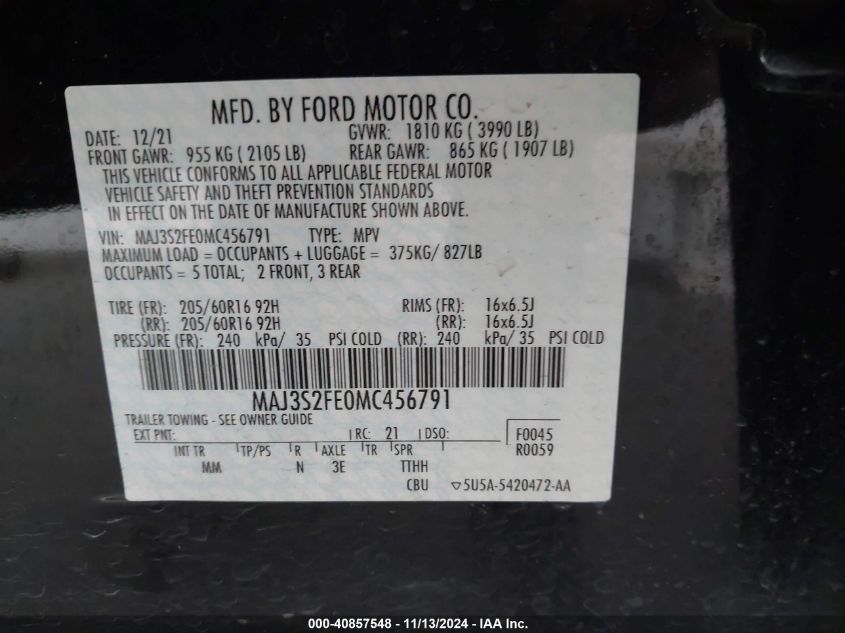 2021 Ford Ecosport S VIN: MAJ3S2FE0MC456791 Lot: 40857548