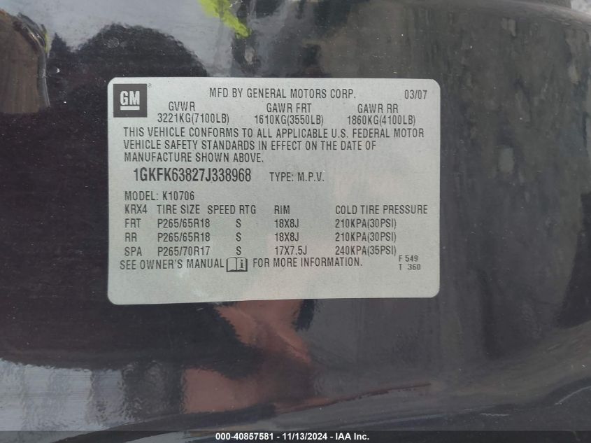 2007 GMC Yukon Denali VIN: 1GKFK63827J338968 Lot: 40857581