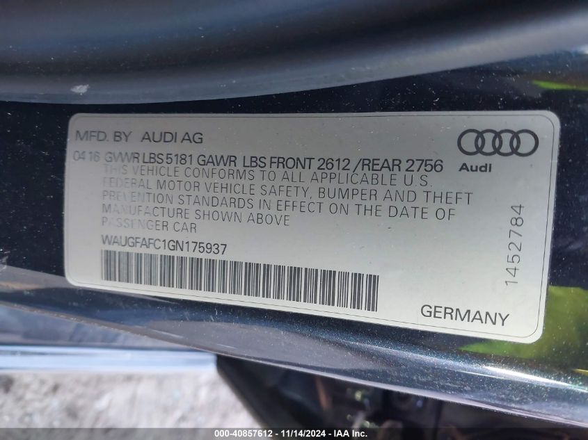 2016 Audi A6 2.0T Premium Plus VIN: WAUGFAFC1GN175937 Lot: 40857612